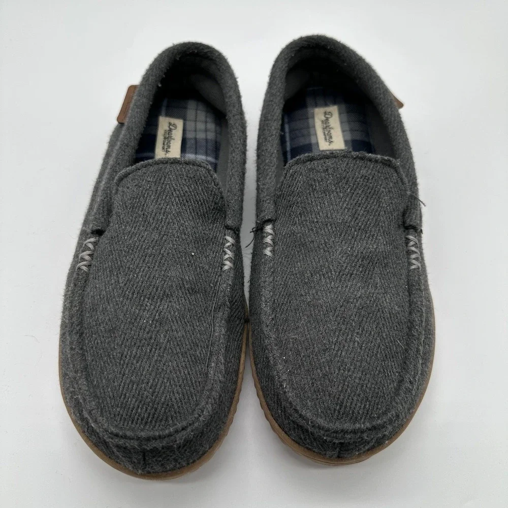 Dearfoams Slippers Mens 9-10 Gray Cozy Comfort Moccasin Plaid Lined Slip On
